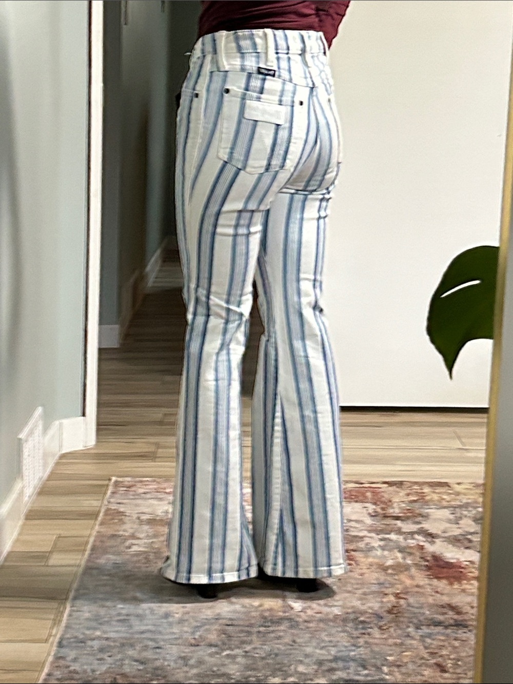 Striped High-Rise Flare Jeans in Blue and White